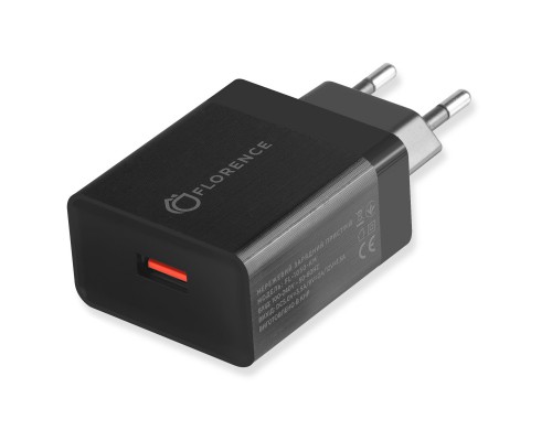 СЗУ Florence 1USB QC 3.0 18W + Кабель Type-C Black (FL-1050-KT)